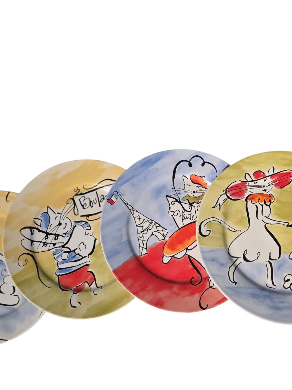 Rosanna Multicolor Parisian Cat Decorative Plates - Red, Blue, Yellow, Cream